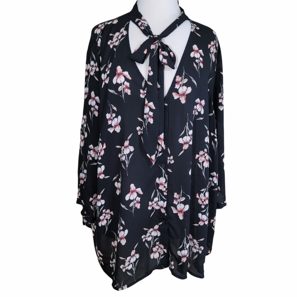 VIXBE Kimura Black Floral Tie Neck Women's Blouse size 3X